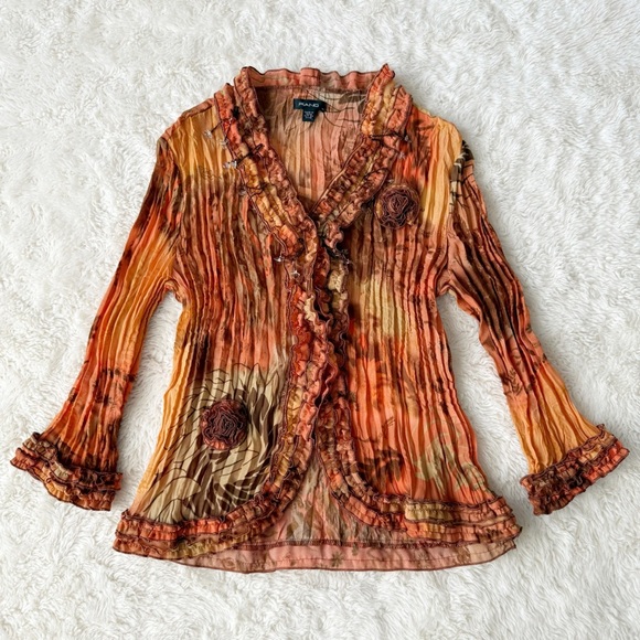 Piano Tops - VTG Y2K 90s Piano Woman Crinkle Ruched V-Neck BeadS Detail Bell Sleeve Top SMALL